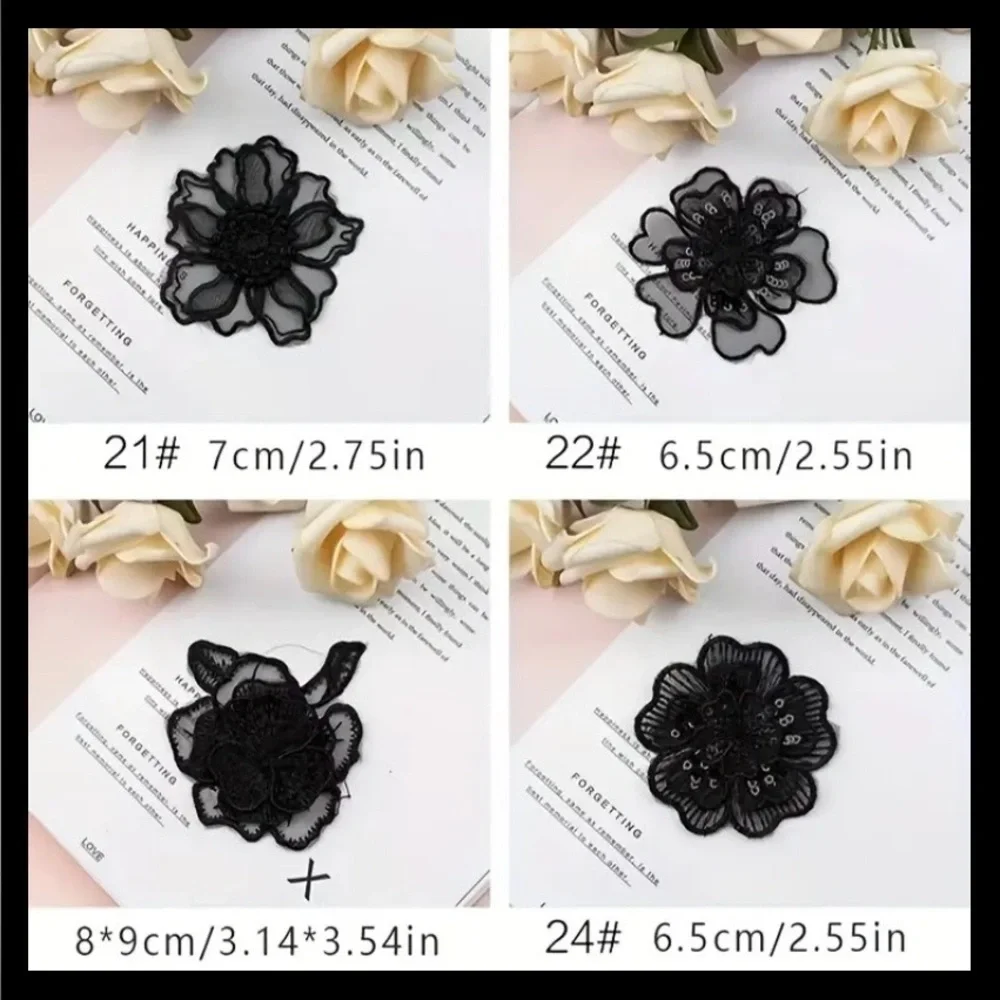 Black Embroidered Sew-On Floral Appliqué, Craft & Clothing Embellishment, New